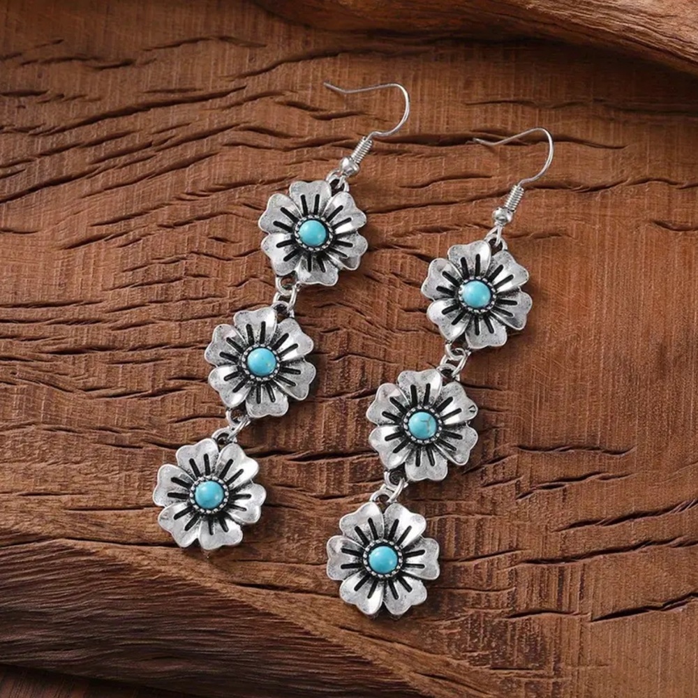 NWOT - Silver and Turquoise Floral Drop Earrings - Picture 3 of 7